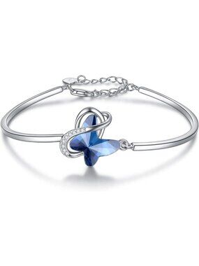 Elegant Sterling Silver Infinity Butterfly Bangle Bracelet with Crystals